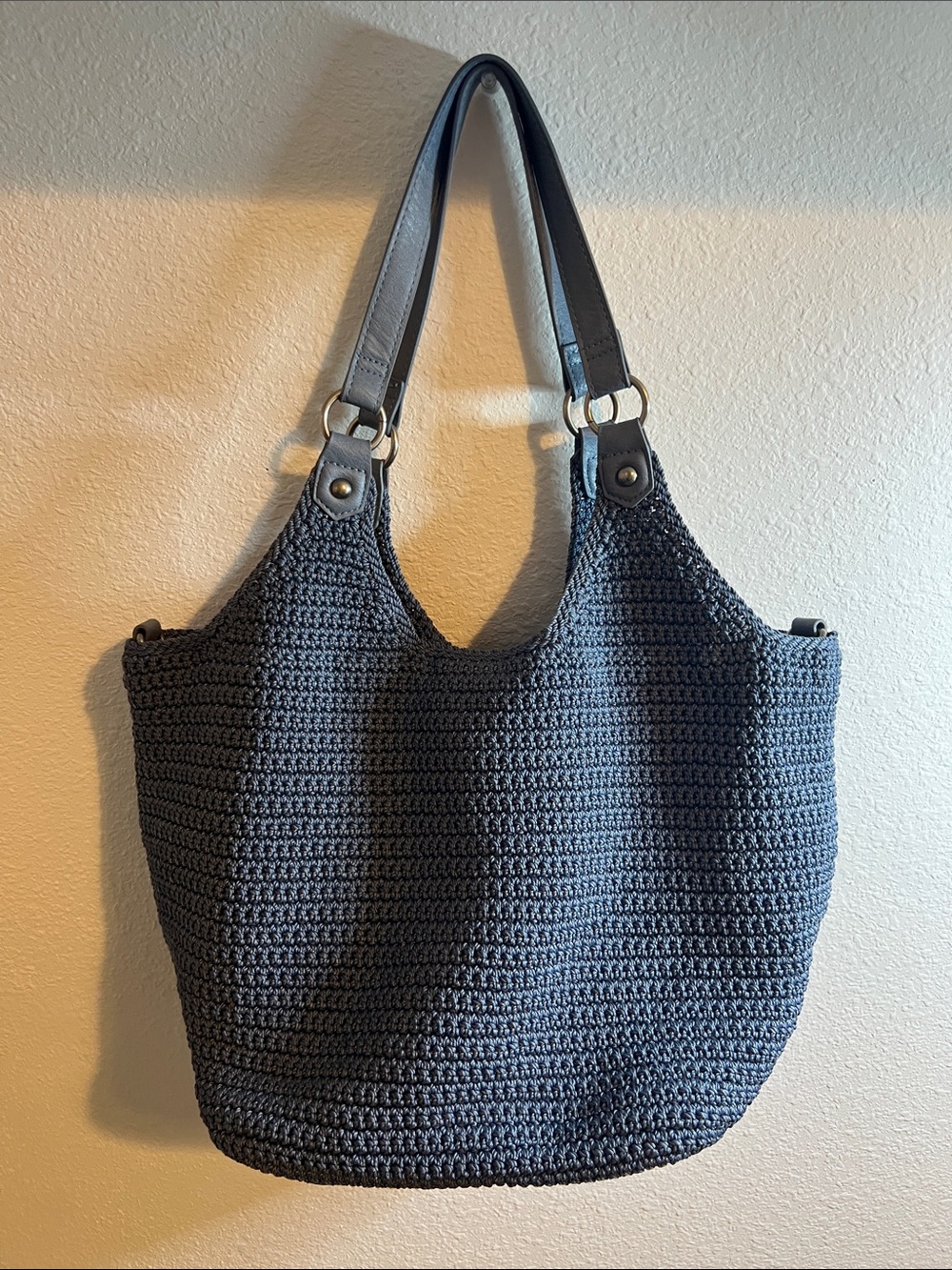 The Sak Roma Shopper Navy Crochet Shoulder Tote with Leather Straps